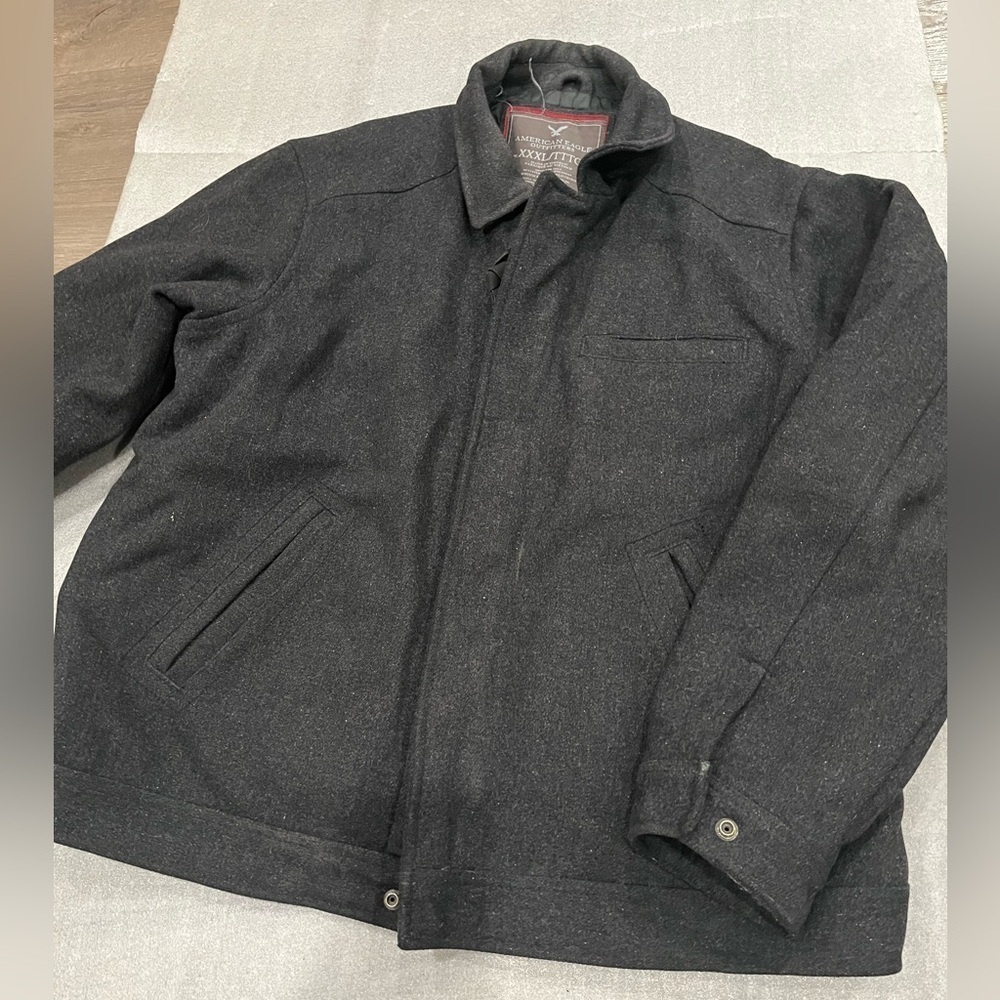[3XL]American Eagle Men Black Insulated Wool Pea Coat Jacket Zip Snap Closure